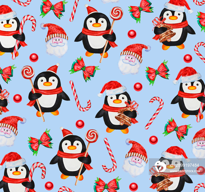 圣诞和新年图案：企鹅、圣诞老人、毛衣、浅蓝色背景的蝴蝶结。侧面