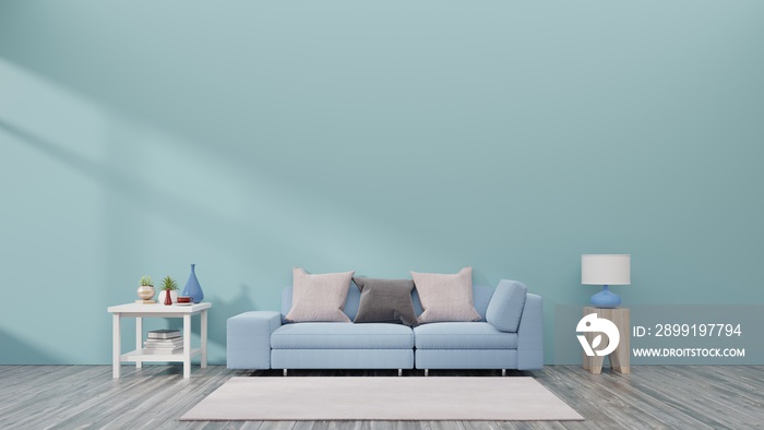 Living room with sofa, small shelf and plants have back blue wall background , 3D rendering