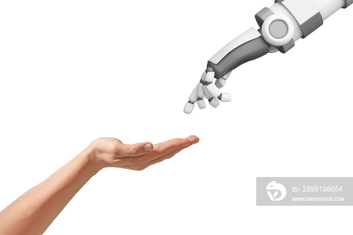 Human hand and robot hand with empty space on white background, artificial intelligence, AI, in futu