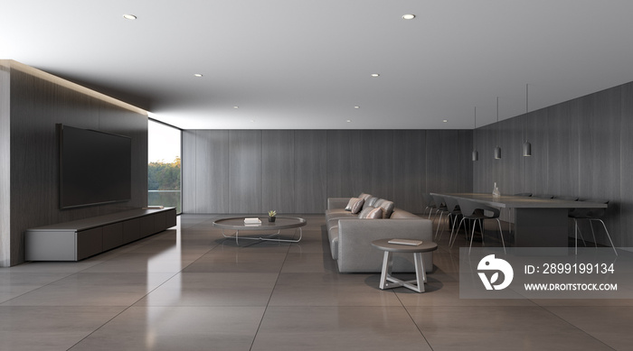 Perspective of modern luxury living room with grey leather sofa with dining table and TV cabinet on 