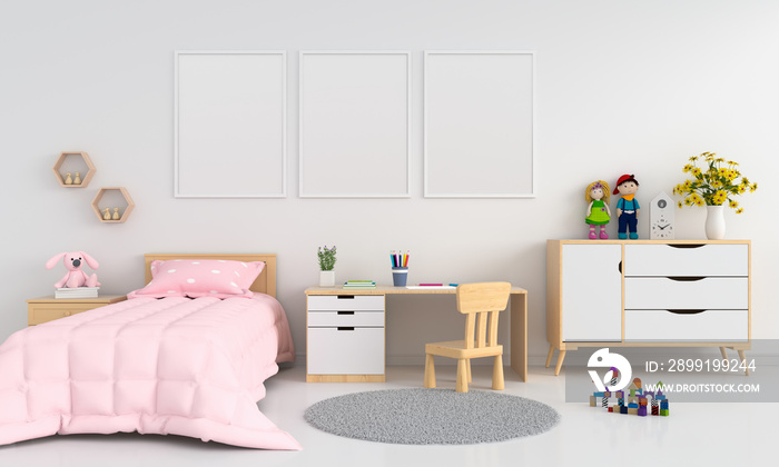 儿童卧室室内模型的三个空白相框，3D渲染