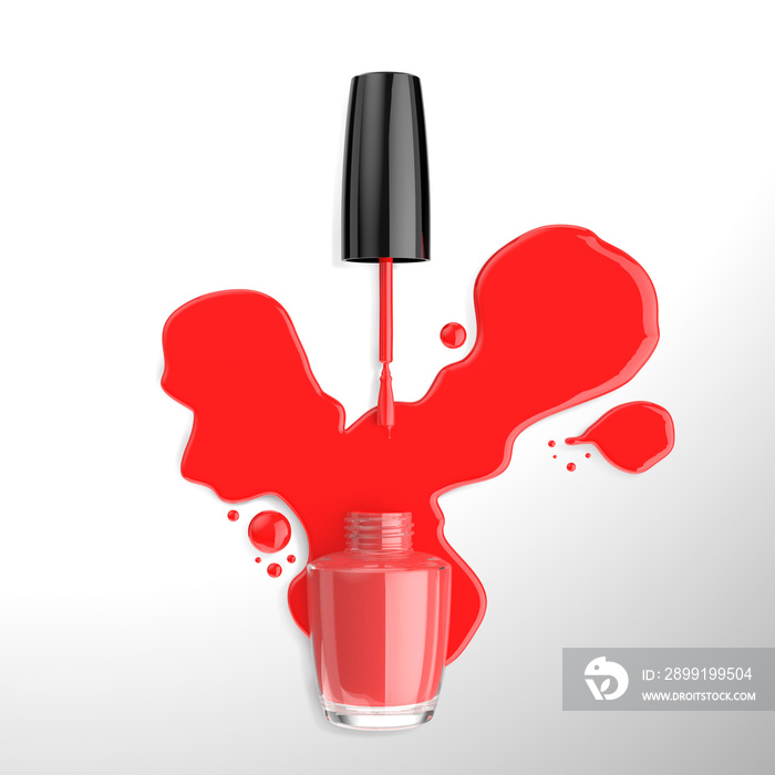 红色液体指甲油飞溅瓶，带有剪切路径的三维渲染。