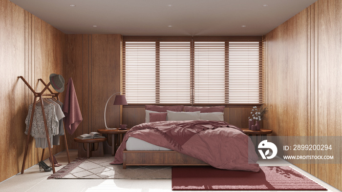 Minimalist bedroom with wooden walls in beige and red tones. Double bed with pillows, big window with venetian blinds, carpets and decors. Japandi interior design