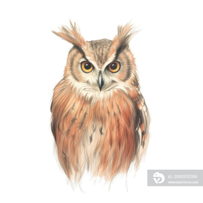 Coloured Pencil Sketch of owl Animal on Paper, Pencil handsketched illustration of owl