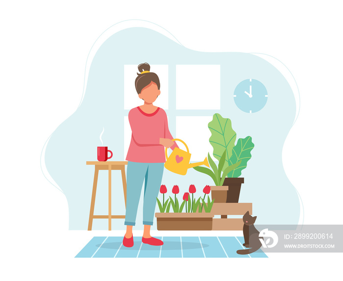 Stay home concept. Woman watering plants in cozy modern interior. illustration in flat style