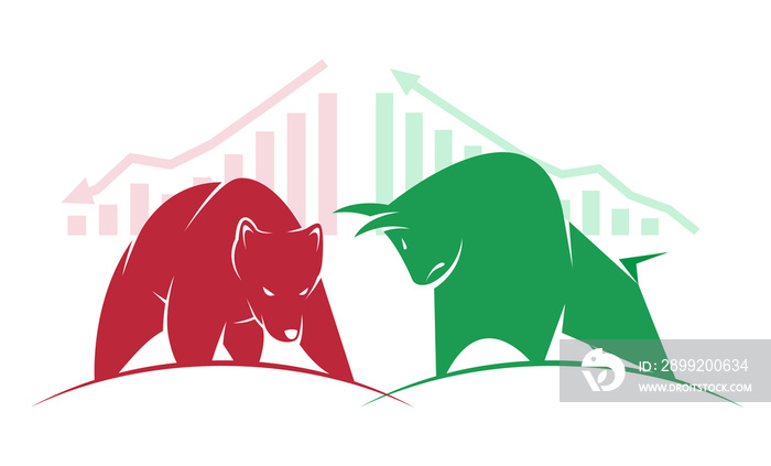Bull and bear symbols of stock market trends on transparent background. The growing and falling market.