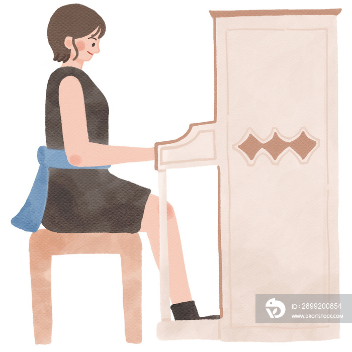 Woman playing piano hand drawn illustration in watercolor design