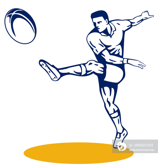 illustration of a rugby player kicking ball front view isolated background done in retro style