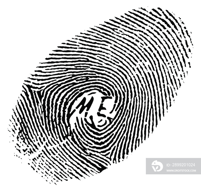 A fingerprint for cell phone app identification includes the word “me” in the swirls of the print on a transparent background that is seen in a 3-d illustration...