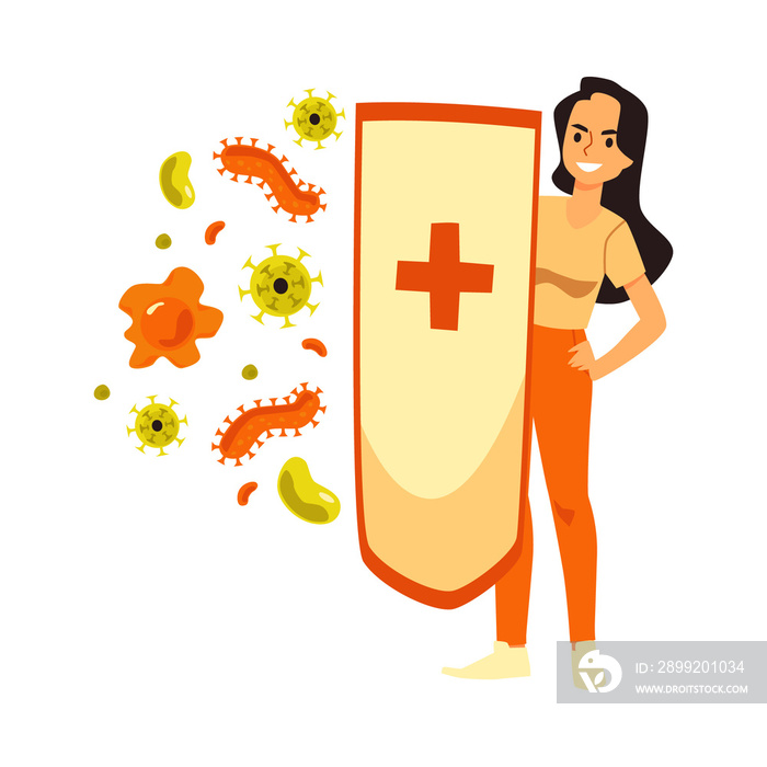 Strong immune system with woman reflects viruses, illustration isolated.