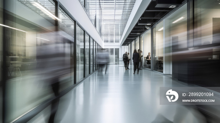 Busy office  and commercial floor, people walking on a busy office floor, motion blurr