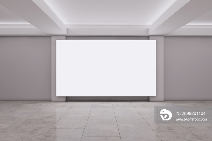 Contemporary spacious concrete exhibition interior with empty white mock up canvas. Gallery concept. 3D Rendering.