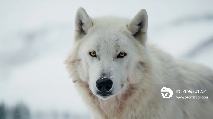 Close up of white wolf with snow background. Animal kingdom concept.