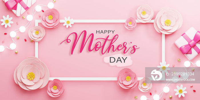 3d Rendering. Happy mother’s day illustration. rectangle frame and pink rose flower on pink background.