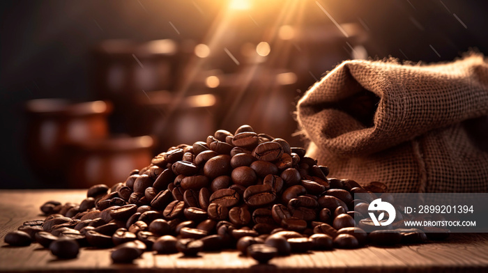 Roasted Coffee Beans Spilling from Burlap Sack onto Wooden Table.