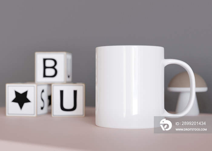 White kids mug mock up. Blank template for your design, advertising, logo. Close-up view. Copy space. Cup standing in children room. Playful cup mockup. 3D rendering.