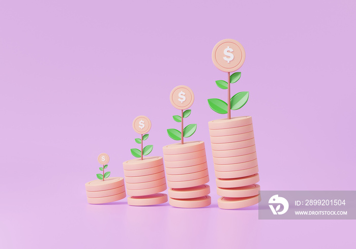 Showing financial coins stacks growing invest with tree on dollar money budget fund interest finance successful growth business development concept. Cartoon minimal style. 3d rendering illustration