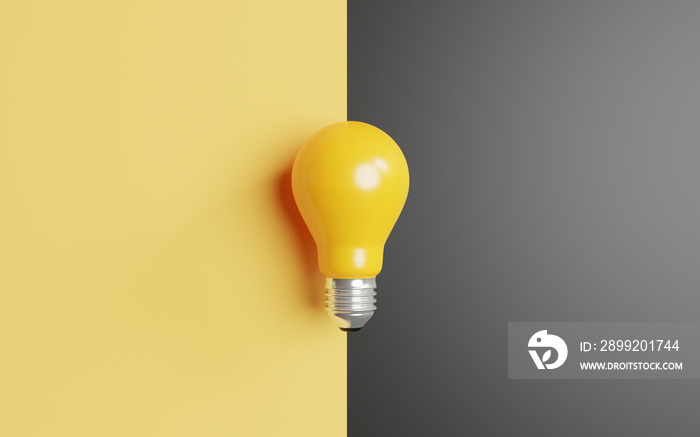 Yellow lightbulb on yellow and black background for smart creative logical thinking idea to solution and innovation concept by  3d render.