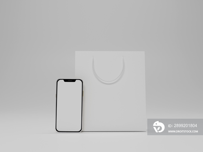 Shopping bag with mobile phone mockup 3d rendering