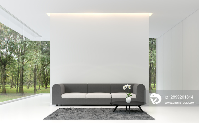 Minimal living room with white backdrop 3d rendering image.A white room decorated with gray fabric furnishings, decorated with gray carpets. Large frameless windows overlooking the garden.