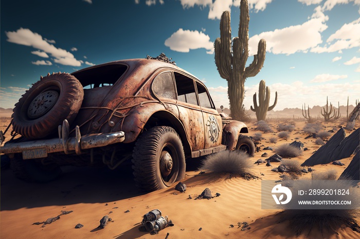 Rusty and deteriorated custom car in the desert, cacti and monyanha in the background. Digital illustration. AI