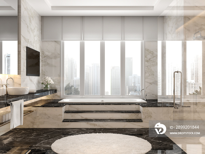 Modern luxury bathroom with black and white marble tile 3d render,The room has a clear glass shower partition,There are large windows looking out to the city view.