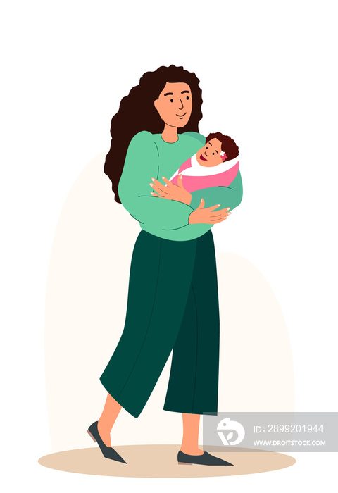 Mother holding and hugging newborn baby. Young mom cuddling wrapped infant with love. Woman parent with sleeping new born child in hands. Flat graphic vector illustration isolated on white background