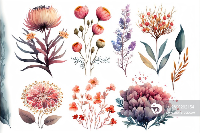 Bouquet of flowers, A group of vivid flowers. Beautiful flower elements. Watercolor illustration