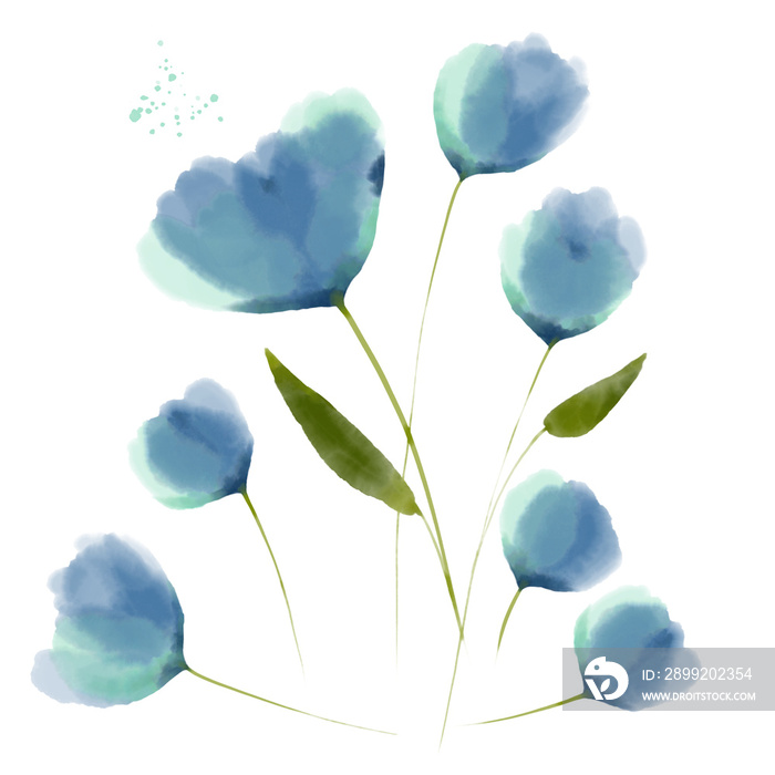 Abstract blue flowers, digital watercolor illustration