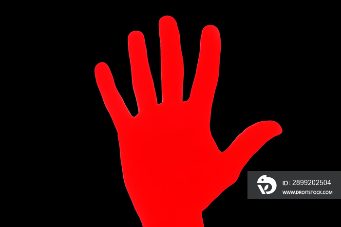 Protest symbol background. Stop hand silhouette. Red hand isolated on black. Warning background. Banned and forbidden symbol.