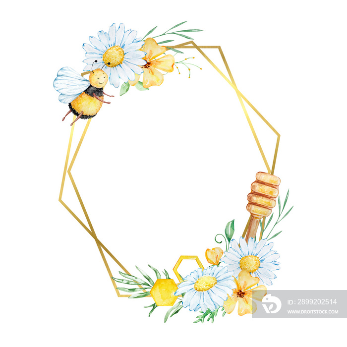 Golden Geometric frame of watercolor chamomile, leaves and bees