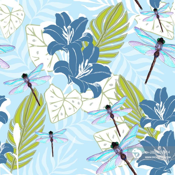 Floral composition with flowers, tropical leaves and dragonfly. Monochrome seamless pattern.