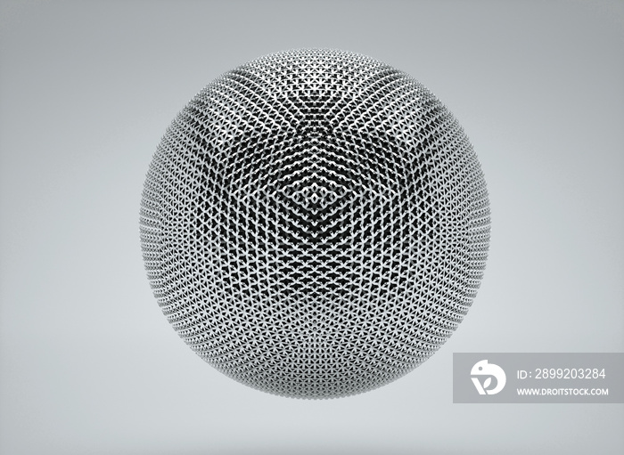 3d render of abstract metal ball with hexagon pattern on light grey background