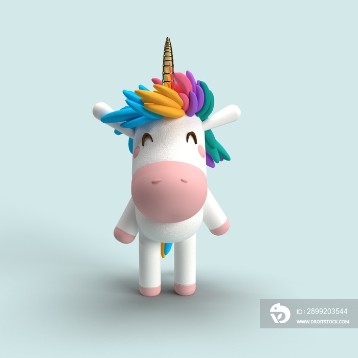 Illustration 3D d’une licorne heureuse avec une crinière très colorée. Concept du bonheur, de l’insouciance, du monde de l’enfance