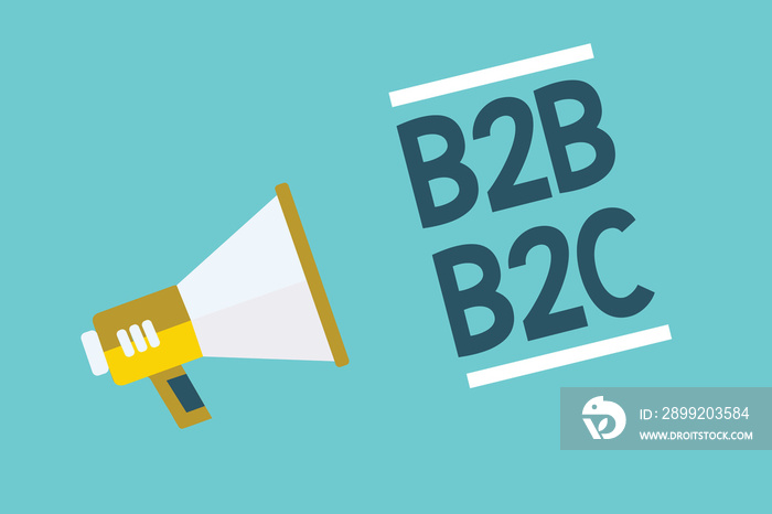 Writing note showing B2B B2C. Business photo showcasing two types for sending emails to other people Outlook accounts Megaphone loudspeaker blue background important message speaking loud