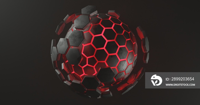 abstract background with an object like a ball with a black red hexagon texture, 3d rendering, and size 4K