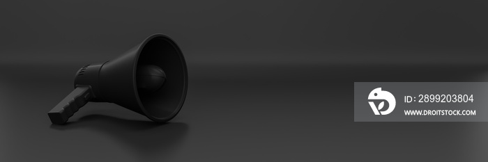 Black megaphone with black background and space for text. Concept Megaphone for graphic composition. 3D illustration, 3D art.