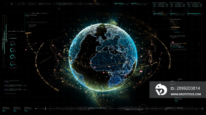 Futuristic motion graphic user interface head up display screen with Holographic Earth and digital data telemetry information display for digital background computer desktop display screen