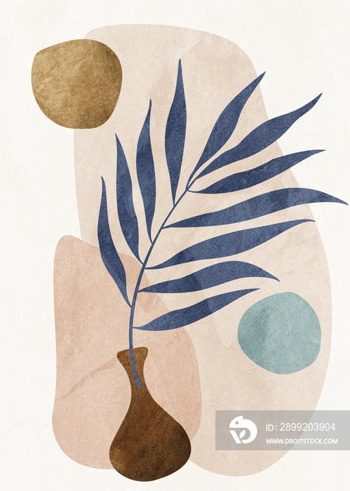 Botanical abstract art, watercolor, earth, nature, leaves and flowers, beige and brown tones