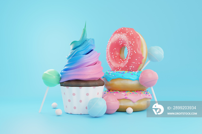 Colorful sweet donut cupcake desserts, 3d rendering