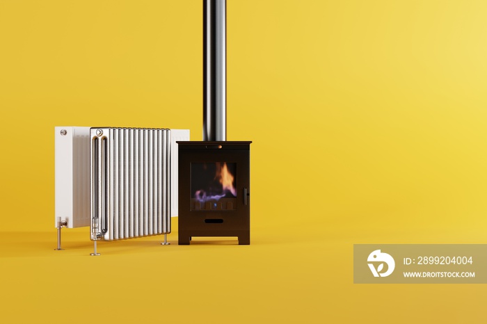 Heaters, stove on a yellow background. The concept of heating the house, apartment. More expensive energy and alternative heating methods. 3D render, 3D illustration.