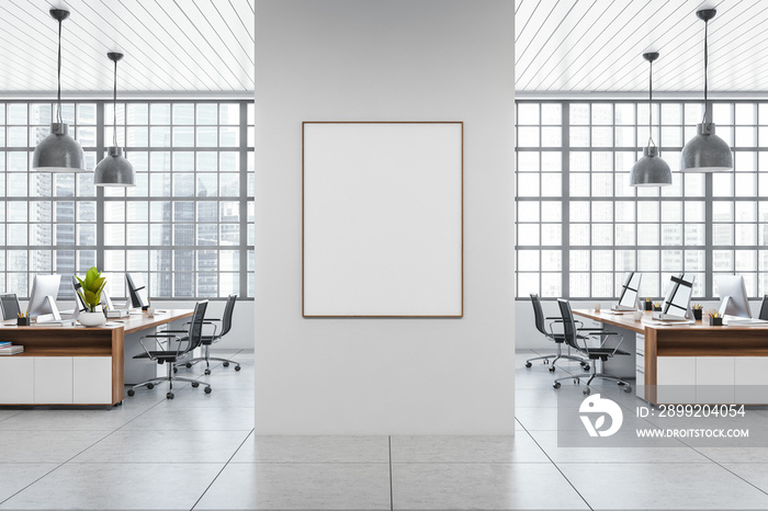 Light office interior with pc computer, panoramic window. Mockup frame