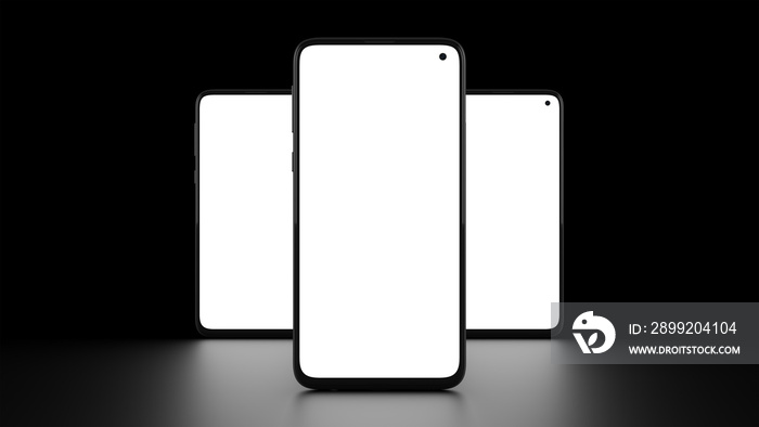 Mockup of three cell phones with front view and black background. Reflection of the screens on the floor. Ideal for placing examples of web design or applications. Three-dimensional illustration.