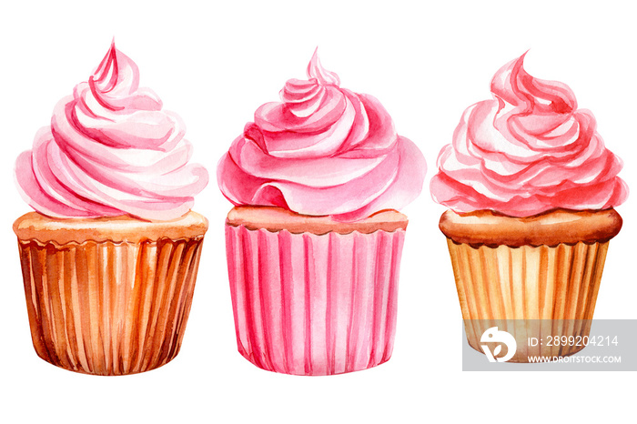 set of pink cupcakes on an isolated white background, watercolor illustration, hand drawing