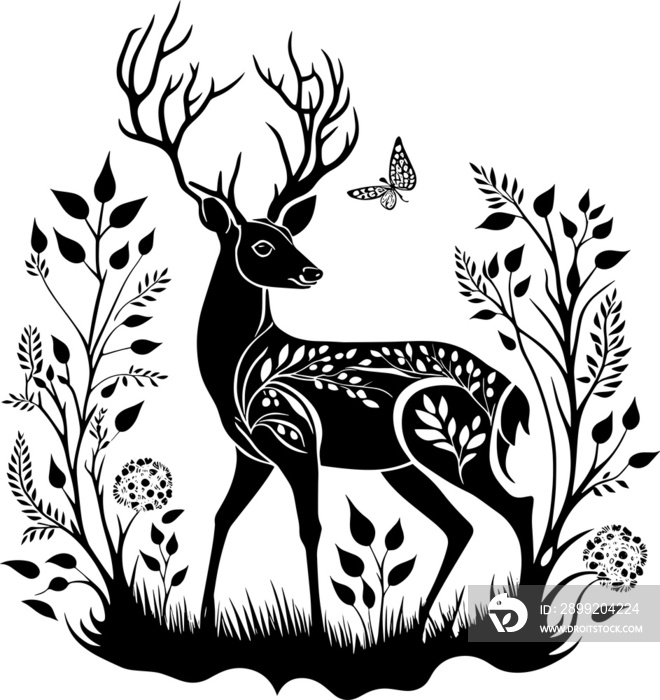 Deer illustration black and white. Great for engraving purposes. Black and white deer illustration, perfect for laser engraving or adding a vintage touch to any design.