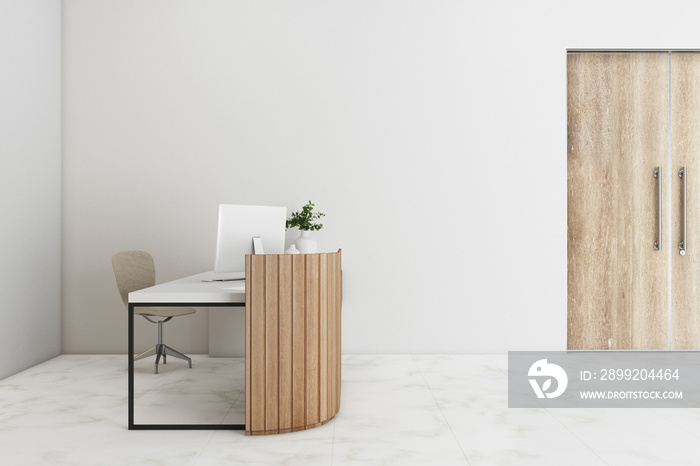 White hotel corridor with wooden reception table