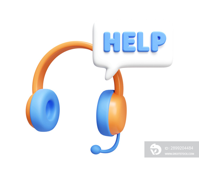 3d headphones with help text box. Customer support. Hotline service for help and FAQ. icon isolated on white background. 3d rendering illustration. Clipping path.