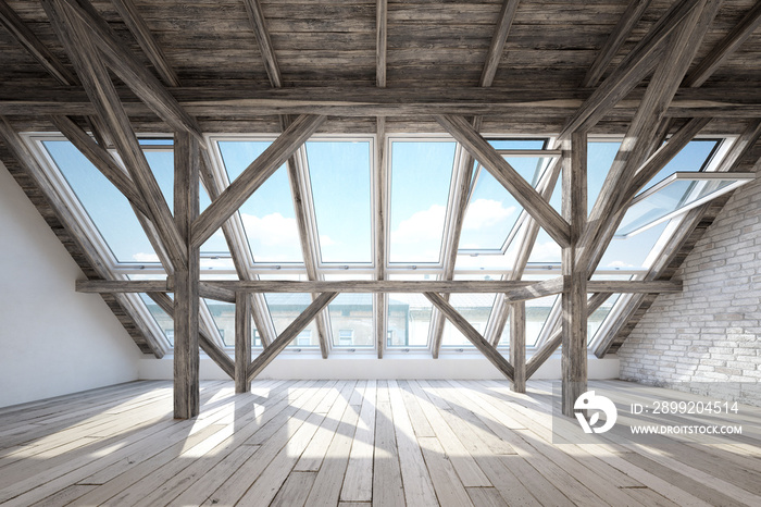 Scandinavian attic interior with wooden beam roof construction and wooden floor