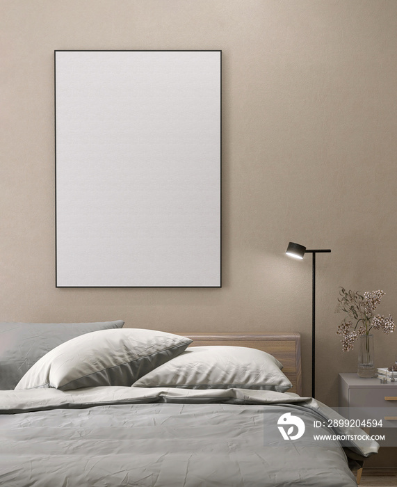 Blank white large photo poster frame with black edge in modern, luxury beige brown bedroom, wood head board bed, gray blanket, pillow, bedside table in sunlight. Template background 3D