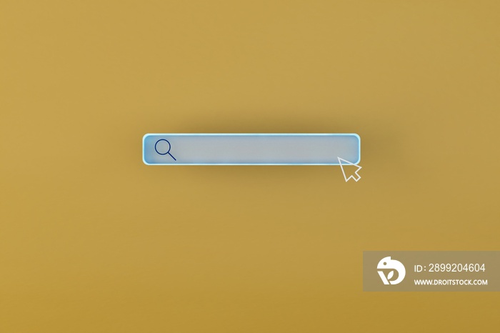 search bar on a yellow background with a computer mouse hovering over it. searching for information on the Internet. modern information retrieval technologies. 3d illustration. 3d render